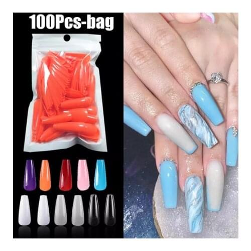 100pcs colourful and Long Ballerina Nails detachable False Nail Tips With Glue Press on Nails Art Fake nails Stickers