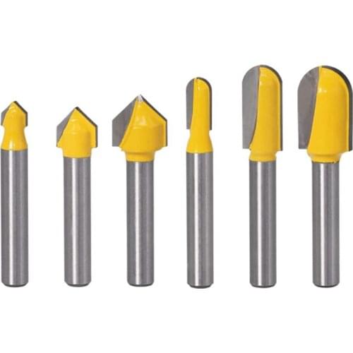 6Pcs 1/4Inch Shank Carbide 90 Degree V-Groove and Round Nose Groove Router Bit Set Lettering Engraving Cutter Retail