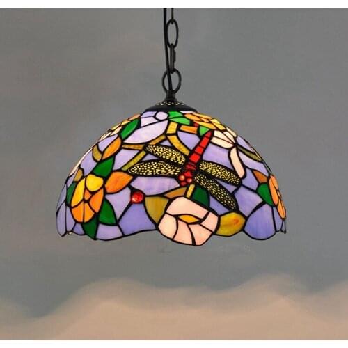 American Pastoral Creative Tiffany Colorful Glass Art Restaurant Chandelier European Dragonfly Flower 30cm Glass Lamp