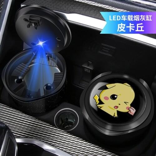 Car LED Ashtray Pikachu LOGO Metal Iiner Starry Sky Shell Car Ashtray Car Interior Accessories