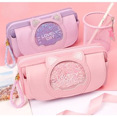 Pencil Case Student Stationery Korean Canvas Cute Cat In Quicksand Pink Kawaii Bag Cute School Supplies Pencil Box High Capacity