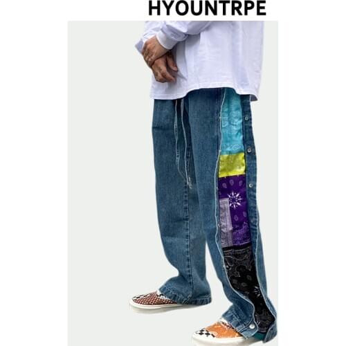 Men Side Buttons Patchwork Harajuku Straight Denim Jean Pants Casual Elastic Waist Jeans Trousers Hip Hop New Streetwear Joggers