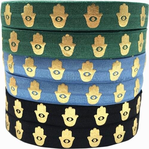 5/8" 16mm Gold Foil Hamsa Printed Fold Over Elastic Ribbon Handmade Hair Bands Diy Sewing Clothing Tie Accessories 10yard