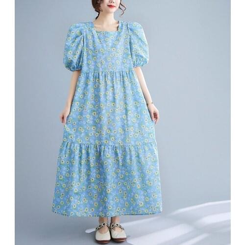 Puff Sleeve French Style Print Gentle elegant Lady Fashion Floral Dress Sashes Slim Women Travel Casual Loose Long Summer Dress