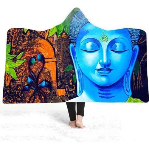 Indian Buddha Statue Meditation Chakra Hooded Blanket 3D Printed Mandala Fleece Hoodie Blankets for Winter Warm Sofa Bed