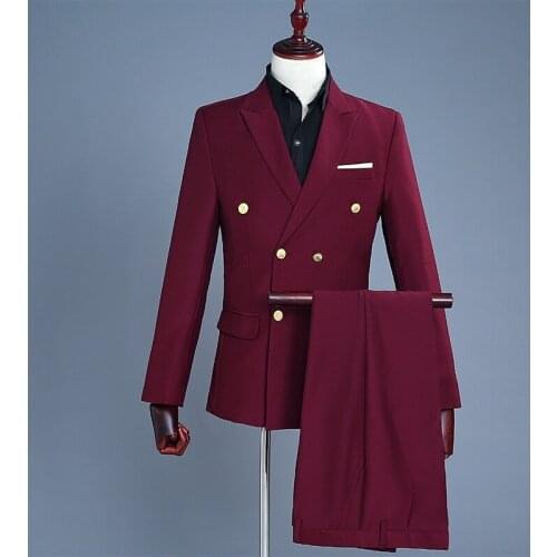 Mens Peak Lapel Double Breasted Suits Jacket Pants Set Wedding Prom Dress Plain Solid Burgundy Formal Costumes 903-B310