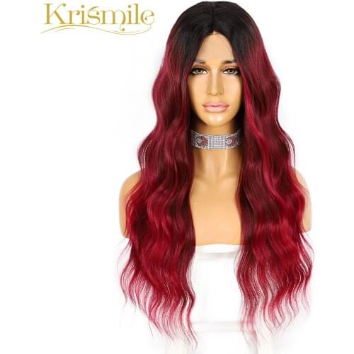 Krismile Long Natural Wave Synthetic Lace Wigs Short T Part Ombre Red Wig High Temperature Party Cosplay Daily for Women Wear