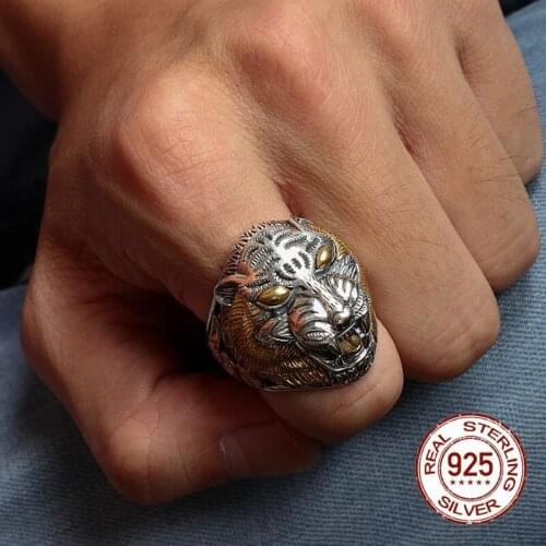 Vintage Tiger head open cuff ring 925 silver ring for men silver-copper combination process mighty tiger head man silver ring