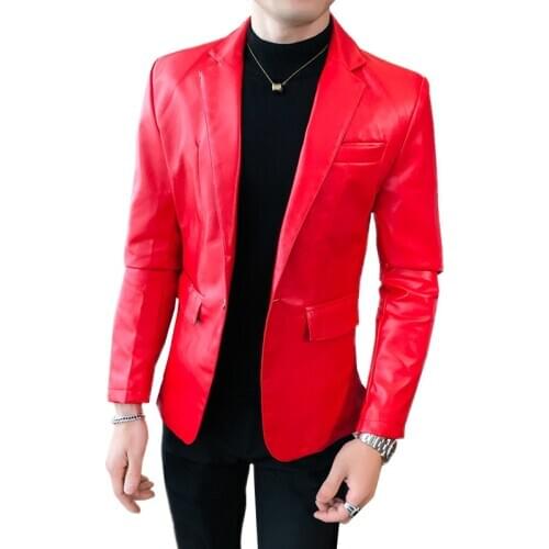 Red Single Button Men Slim Blazer Coat Faux Leather Jacket Casual Fashion Outerwear White Black Male Tops Autumn Terno Masculino