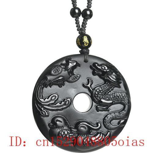 Natural Black Obsidian Dragon Phoenix Pendant Safety Buckle Carved Jade Bead Necklace Fashion Charm Jewellery Lucky Amulet Gifts