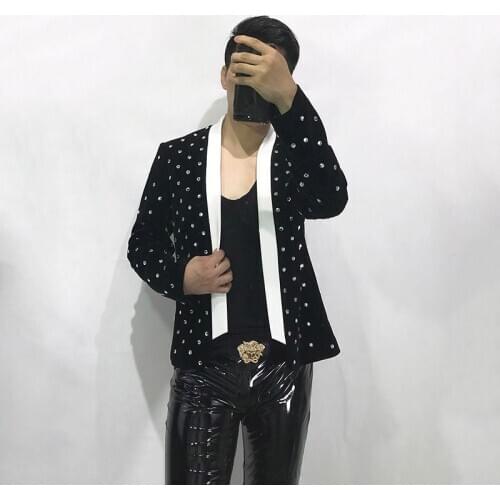 100%real luxury mens black rhinestone beading white collar event/short tuxedo jacket/fashion