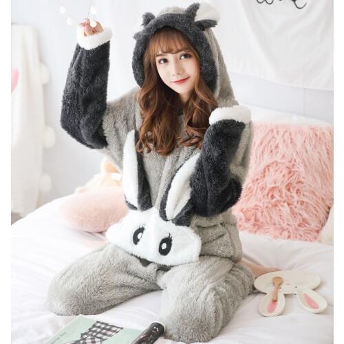 Girls Winter Rabbit Hooded Pajamas Set Sleepwear Cartoon Anime Pyjama Thick Coral Velvet Home Clothing Pijama Feminino Nightwear