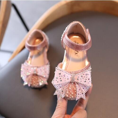 Girls Sandals New Spring and Summer 2021 Pink Bowknot Kids Princess Shoes Rhinestone Children Performances Sandals