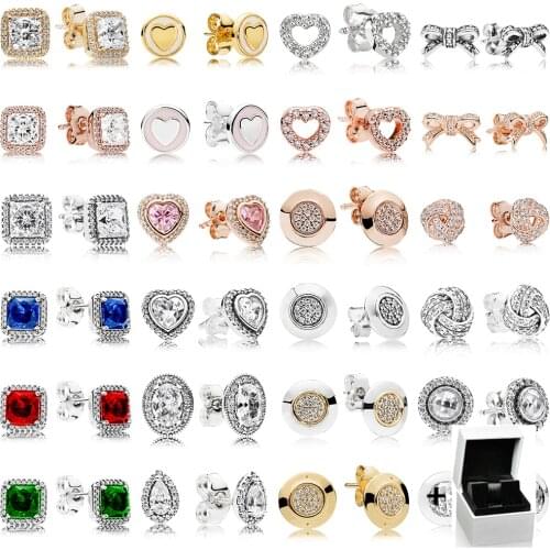 2019 NEW 100% 925 Sterling Silver Earrings Signature Bow Square Drill Love Heart Ear Studs Charm Beads Fit Original with Box