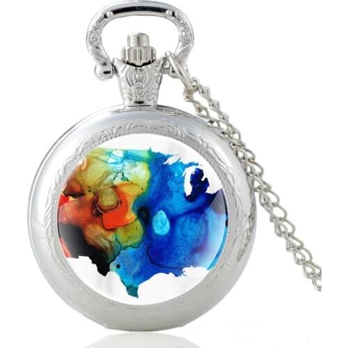 Unique Ink painted United States Map Design Vintage Quartz Pocket Watch Men Women Glass Dome Pendant Necklace Hours Clock Gifts