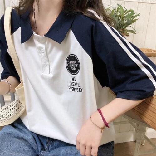 Harajuku Girls' College Short Sleeve Korean tops Womens polo shirt vintage Large Size Loose Female Tops Japanese clothing