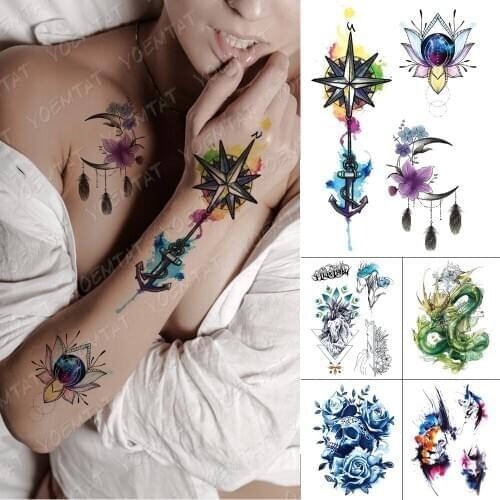 Waterproof Temporary Tattoo Sticker Watercolor Compass Flash Tattoos Anchor Lotus Moon Body Art Arm Fake Tatoo Women Men