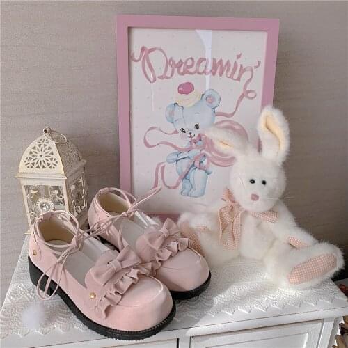 Japanese LolitaJK Uniform Shoes Hair Ball Ruffled Bow Student Girls Cute Flat Shoes Love Rivets Girl Kawaii Tea Party Princess