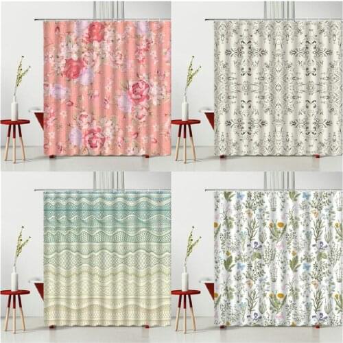 Red Flowers Stripe Color Shower Curtain Floral Print Modern Bedroom Curtain Waterproof Polyester Fabric Machine Washable