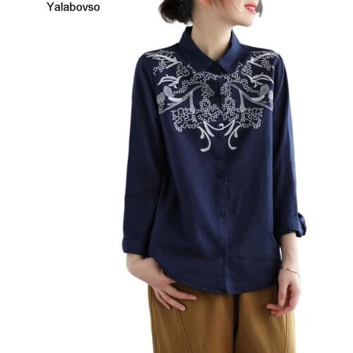 2021 Dark Blue Tees And Tops Female Blouse For Women Embroidered Cotton And Hemp Shirts For Womens Early Spring