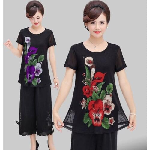 2021 Women Spring Summer Mid-aged Casual 2 Piece Set Female Print T-shirt & Wide Leg Pant Sets Female Large Size Loose Suit E667