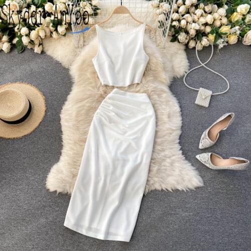 Fashion Two Piece Set Women Office Suit White O-Neck Vest Crop Top And High Waist Bodycon Midi Skirts Sets Summer Outfit