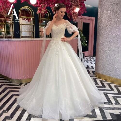 Wedding Dress Romantic Beaded A-Line Scoop Appliques Backless Bridal Gown Princess Court Train LelaAcra AX55 Vestido De Novia