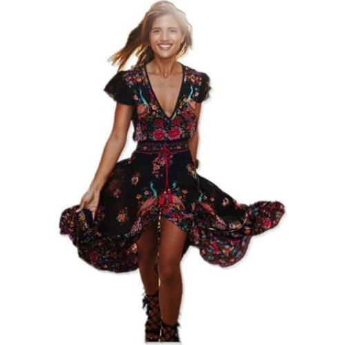 2021 Summer Boho Ethnic Dress Sexy Print Retro Vintage Tassel Dress Bohemian Beach Dress vintage Dress Hippie Dresses