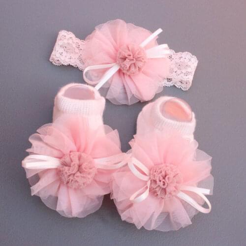 2 Pcs/Set Baby Socks Headband Set Lace Bows Newborn Girl Short Socks Flower Crown Infant Toddler Socks Hairband Turban