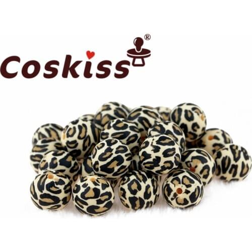 Coskiss 20PC Silicone Leopard Print Bead Food Grade Teether Round Printing 12/15mm DIY Crafts Baby Teether Safe Rattle Beads