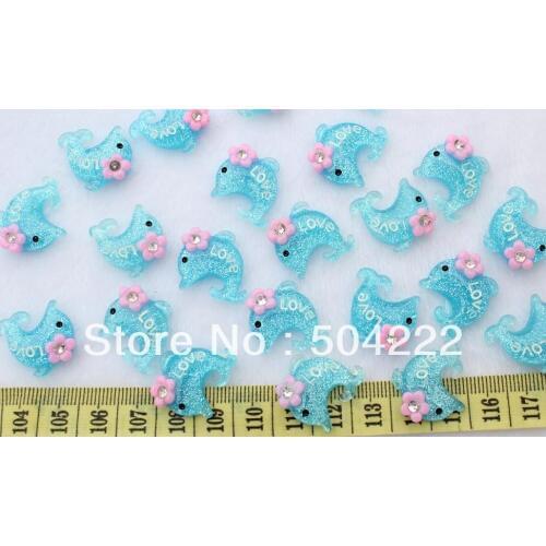 200 pcs blue Glitter Bling Resin kawaii Love Dolphin w/rhinestone flatback decoden cabochons 20x18mm free shipping sz0298