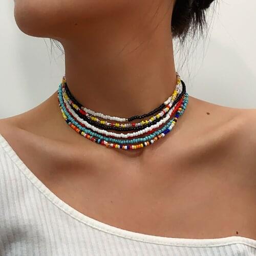 7 Pcs/set Personality Mixed Color Beaded Chain Choker Necklace Fashion Ethnic Style Handmade Hit Color Bead Necklace Set