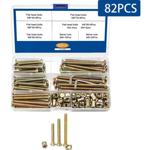 82PCS/Box Hex Socket Flat Head Furniture Screws Barrel Nuts M6 Zinc Plated Screws Hardware Assortment Kit For Baby Bed M6x40