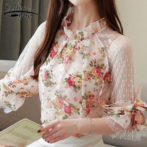 Blusas Mujer 2021 Summer Women Tops and Blouses Camisas Mujer Floral Print Lace Chiffon Blouse Fashion Chic Women Shirts 4068