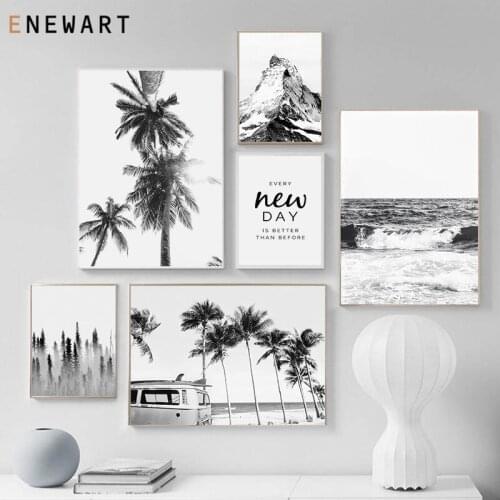 Black and White Landscape Painting Picture Scandinavian Poster Foggy Forest Beach Nature Scenery Canvas Wall Art Print Decor