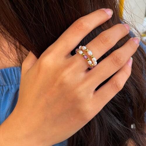 Natural Stone Pearl Rings for Women Aesthetic Jewelry Wholesale Gothic Couple Aquamarine Ring Valentines Day Gift Adjustable