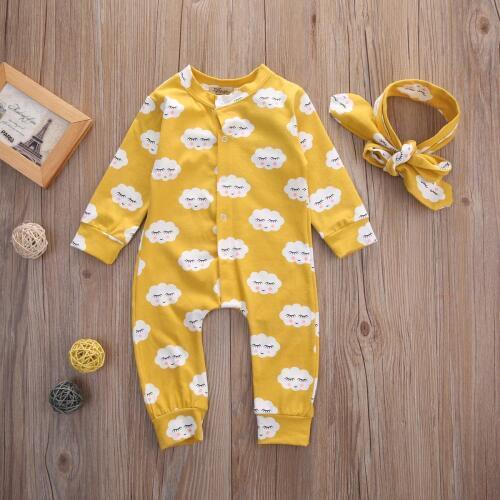 Citgeett Autumn Newborn Baby Kids Girlsclouds printing long sleeve Romper Cotton Jumpsuit headband Outfits Set 0-18M