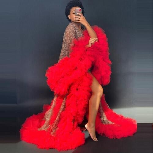 Red Extra Puffy Tulle Evening Dresses Long Sleeves Sheer See Through Women Tulle Maternity Dress Plus Size For Photography