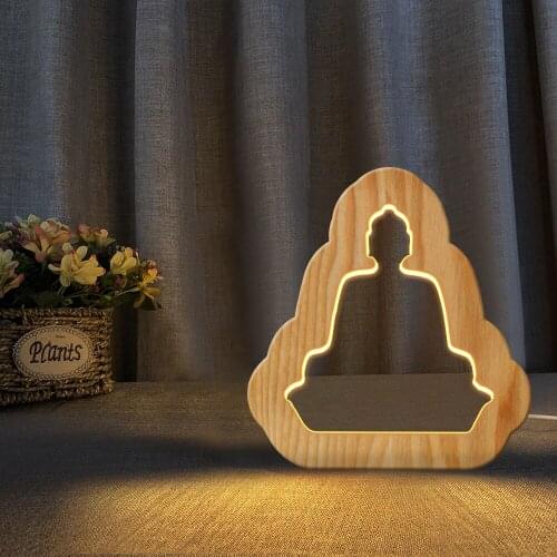 Buddha Cross Music cactus Tree Apple conch Figure Wooden 3D LED Night Light Warm White Novelty Kid Bedroom Decor Gift Lamp