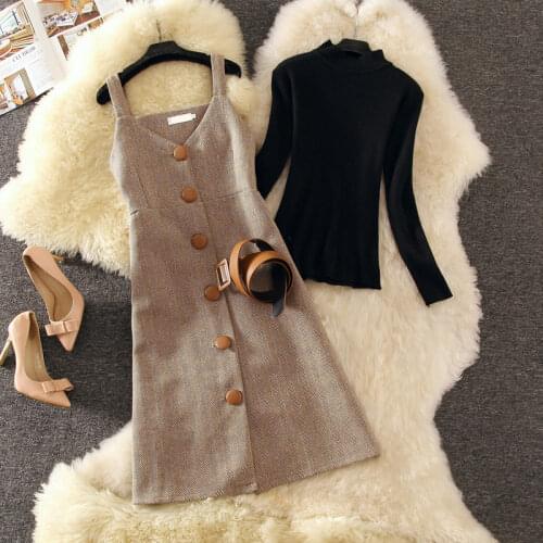 Fashion Knitted Women Sets Knitted Solid Turtleneck Sweater and V-neck Plaid Knee-length Dresses Lady Dresses Suits Top Quality