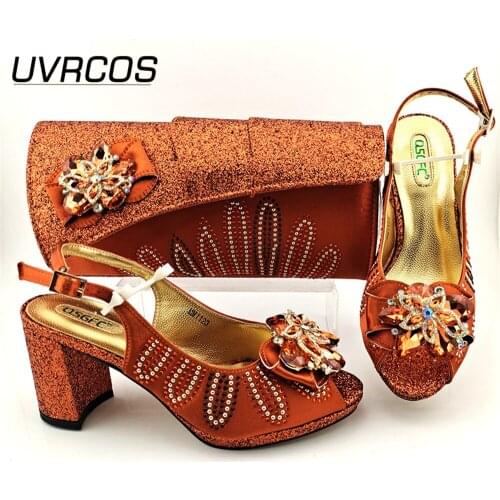 The Orange Color African 2021 Italian Design Lastest Decorated With Colorful Rhinestone and Metal Wedding Shoes and Bag Set