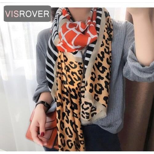 VISROVER 2021 Fashion Autumn Leoparskin Printing Viscose Scarf With Fringer Winter Orange Wraps Shawl Spring Beach Wholesales