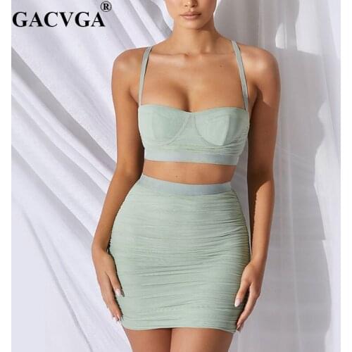 GACVG A2020 Mesh Folds Sexy Summer Bodycon Dress Women Bandage Two Piece Mini Night Club Party Dresses Ladies Backless Vestidos