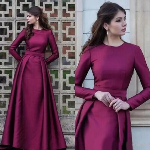 2020 New Long Sleeve Grape Mother of the Bride Dresses Matched Sash A-Line Satin Wedding Guest Gowns Party Dress Mother Gowns