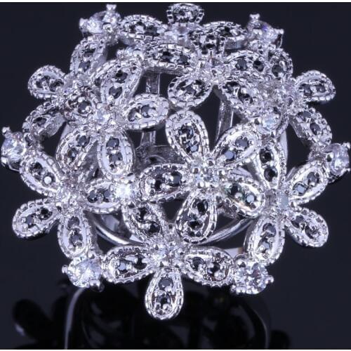 Romantic Huge Flower Black Cubic Zirconia White CZ Silver Plated Ring V0524