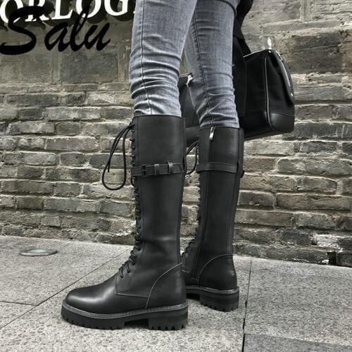 Salu Women Square Heel Knee High Boots Basic Round Toe Cow Leather Shoes Woman Handmade Warm Boots Size 39 40