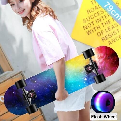 Double Rocker Skateboard Beginner 79cm Girls Primary Skate Board Natural Wood Maple Deck Solid and Flash Wheels