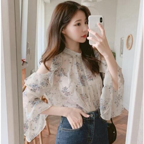 2020 Brand New Women Floral Printing Blouse Halter Neck Hollow Out Ruffles Sleeve Chic Summer Blouse Ladies Tops Chemise Blusa