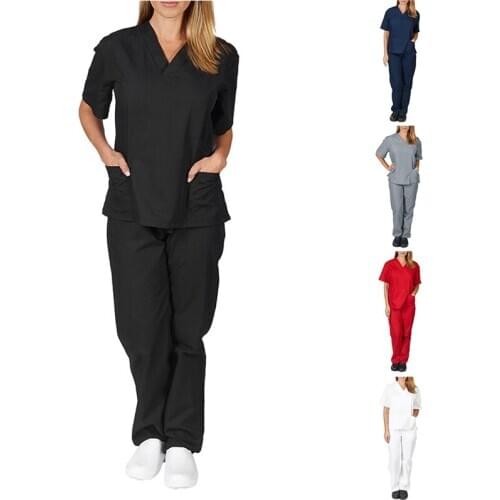 Women Men Workwear Short Sleeve V-neck Tops+pants Nursing Working Uniform Beauty Salon Suit Scrub Uniform Overalls Clothes