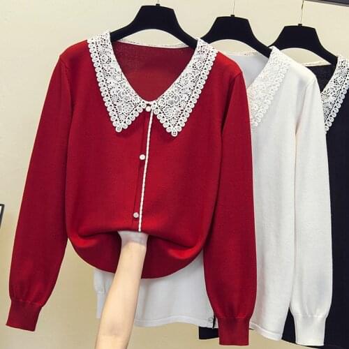 2021 Women New Arrivals Button lace Retro Pull Sweaters Turn Down Collar College Style Casual Loose Sweater Jumpers 4XL